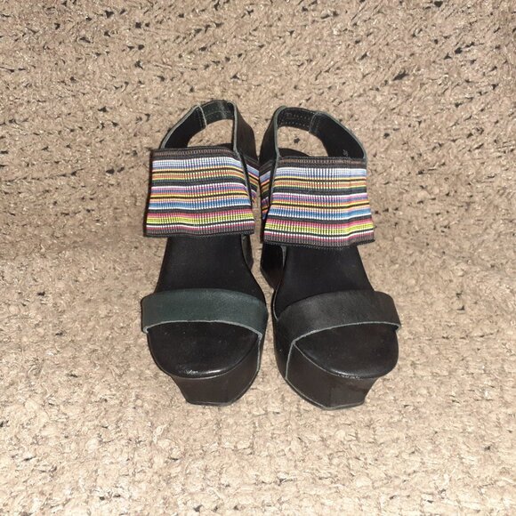 UNITED NUDE-Colorful Rainbow Elastic Strap-Black Leather Wedge-Sz 36-Excellent - Picture 3 of 8